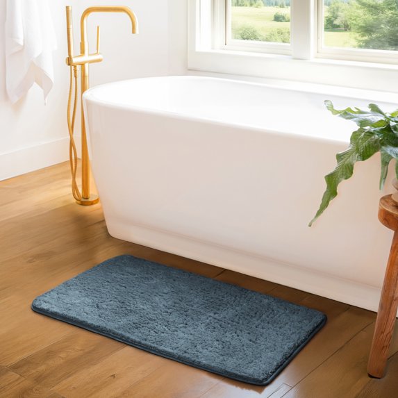 Plush Absorbent Bath Mat Rug with Anti-Skid Rubber Backing, 34 x 21, Light Blue, by Noble Linens