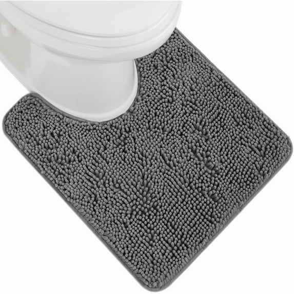 Plush Absorbent Shaggy Chenille Bath Rug Mat for Toilet Base with Rubber Backing, Machine Washable, Microfiber Bathroom Contour Mats for Toilets, Bath Room Decor, Oval, 22.5x19.5, Grey