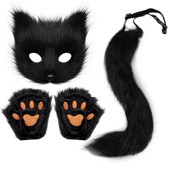 Plush Animal Costume Set,Faux Fur Mask with Paws and Tail,Adjustable Cosplay Accessory for Party,Celebration,Seasonal Roleplay