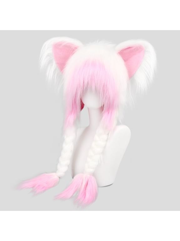 Plush Animal Hat Fursuit Furry Cat Ears Headwear Hood Winter Warm Cap Halloween Party Costume Cosplay Accessories,Cute Fursuit Headwear