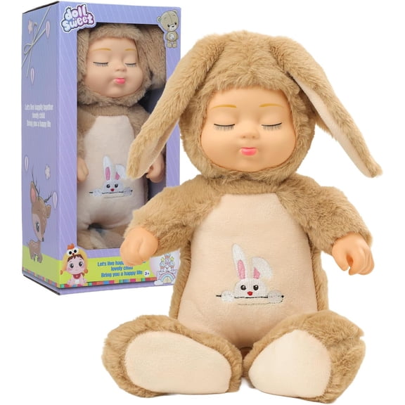 Plush Animal Toys,Interactive Singing Plush Rabbit Doll,14in soft plush closed eye sleeping newborn baby doll,with interactive music box that sings,removable hat.suitable for children aged 3+.