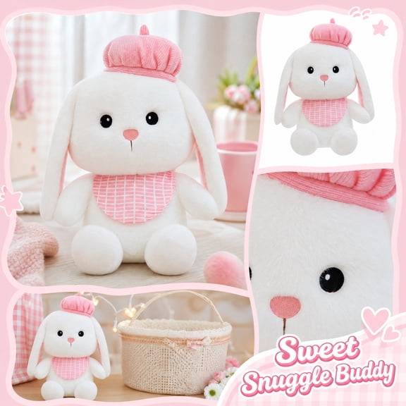 Plush Animal Toys, Soft Stuffed Bunny, Lop Ear Bunny with Pink Beret Plush and Gingham Bib Plush, 8X6 Inch Sitting Stuffed Rabbit, Cute Soft Fluffy Companion Ideal for Home Decor