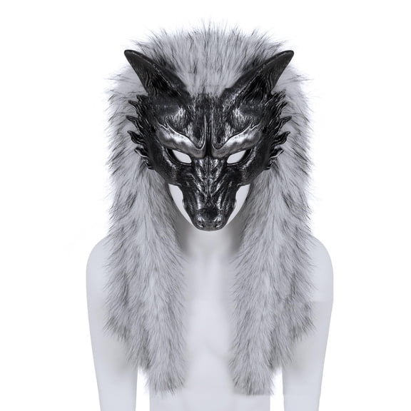 Plush Animal Wolf Skull Mask,Furry Fursuit Viking Skeleton Wolf Mask,Halloween Werewolf Barbarian Plush Headdress