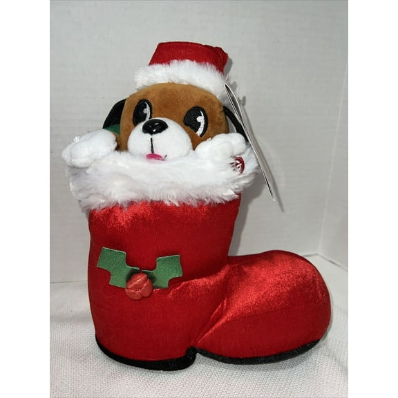 Plush Animated Singing Dancing Light up Christmas Dog in Boot 10" Tall
