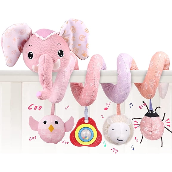 Plush Baby Car Seat and Stroller Toy - Pink Spiral Elephant with Music, Squeaker, and Rattles for Car Seat, Stroller, Crib, Bassinet
