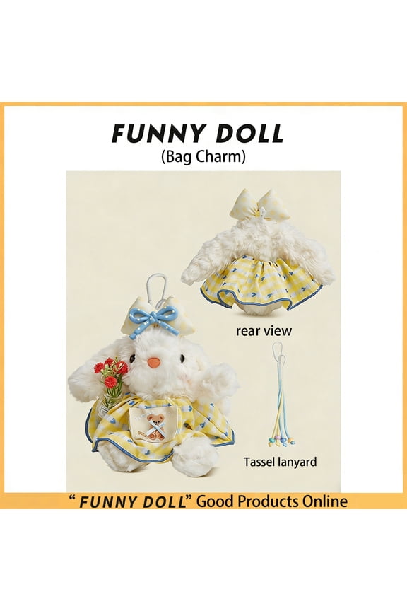 Plush Bag Accessory, Stuffed Bunny Plush, Keychain Stuffed Animal, Cute Stuffed Animal, 7 Inch Fluffy Lop-Ear Bunny Charm with Bow and Mini Flower Bouquet, Single 1Pc Carry-On Bag