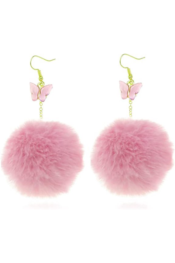 Plush Ball Earring Round Dangle Earrings Butterflies Fluffy Pom Pom Drop Earring