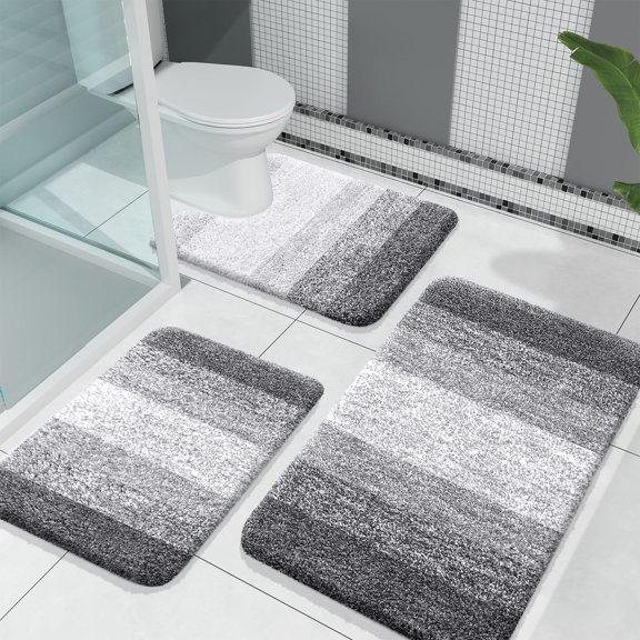 Plush Bath Mat Set 3 Piece, Soft Absorbent Microfiber, U Shaped Toilet Rug, Machine Wash Dry, Non Slip Backing, Shaggy Bathroom Floor Mat, Gray