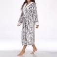 thumbnail image 1 of Plush Bathrobe For Women Flannel Lapel V Neck Hooded Belt Print Sleep Robe Fuzzy Comfy Long Home Wear With Pockets (S, Gray), 1 of 7