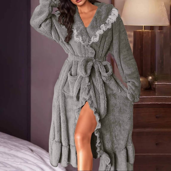 Plush Bathrobes For Women Plush Lapel V Neck Lace Patchwork Ruffled Long Hem Belt Nighfown Fuzzy Comfy Thermal (M, Gray)