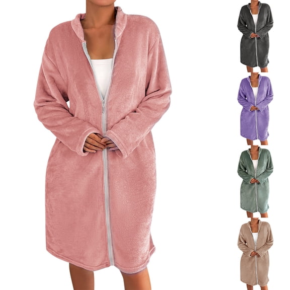 Plush Bathrobes For Women Zipper Robes for Women Housecoats Knee Length Bathrobe Lightweight Nightgown with Pockets