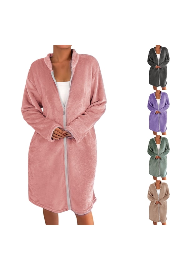 Plush Bathrobes For Women Zipper Robes for Women Housecoats Knee Length Bathrobe Lightweight Nightgown with Pockets