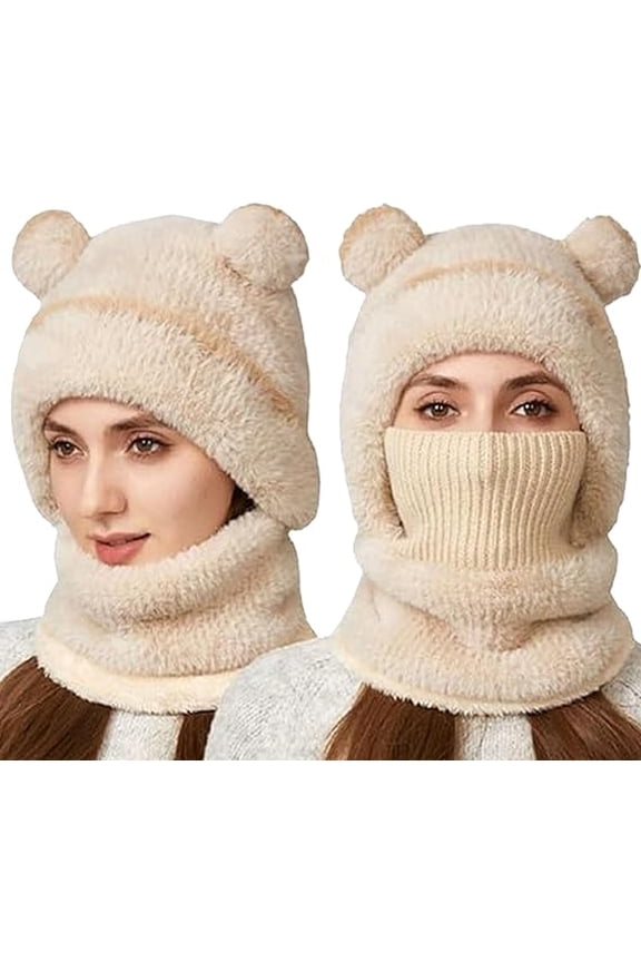 Plush Bear Ear Balaclava Hood, Bear Mask Cap, Windproof 3-in-1 Winter Hat, Thermal Fleece Hood for Men & Women(Beige)