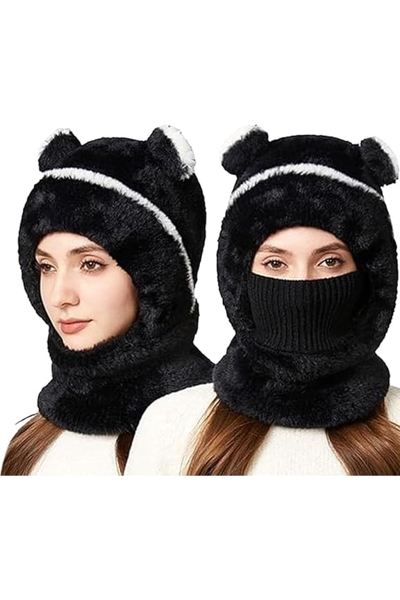 Plush Bear Ear Balaclava Hood, Bear Mask Cap, Windproof 3-in-1 Winter Hat, Thermal Fleece Hood for Men & Women(Black)