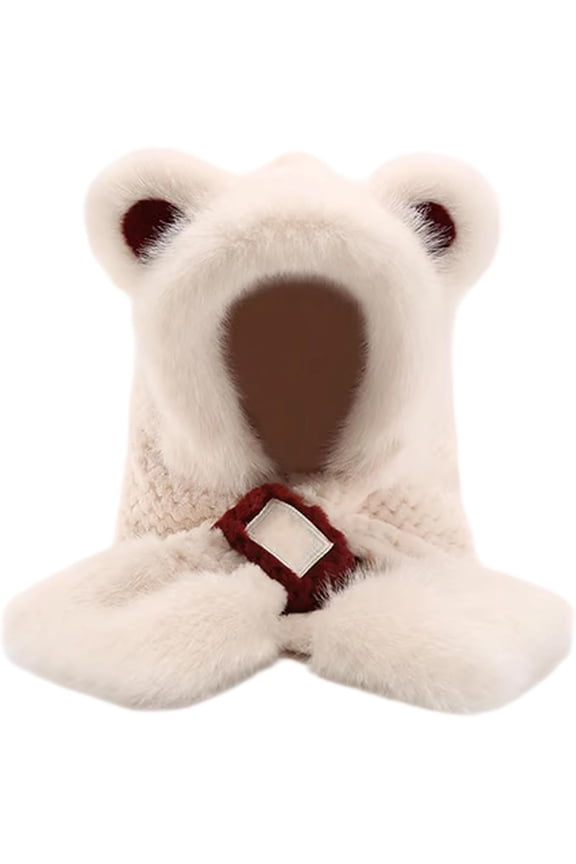 Plush Bear Ear Hooded Scarf, 2-in-1 Faux Fur Winter Hat & Scarf Set for Women, Cute Animal Ear Design Cold Weather Gift