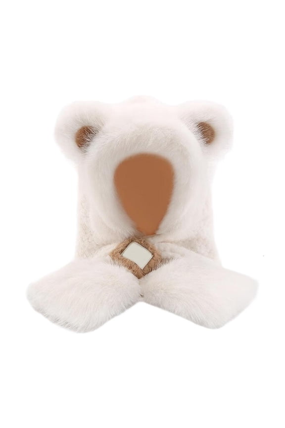 Plush Bear Ear Hooded Scarf Winter Hat For Women Girl Soft Rabbit Furs Fashion Headwear For Cold Weather Outdoor