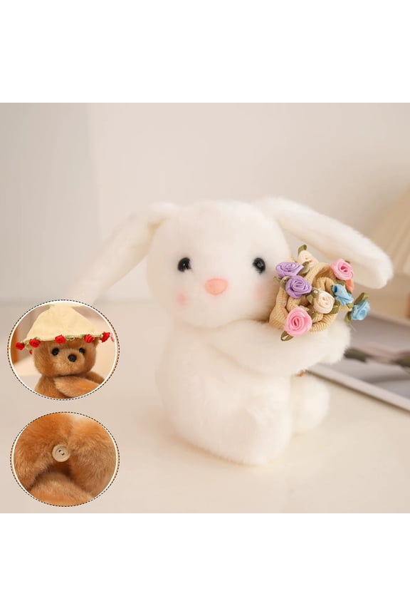 Plush Bear Holding Rose Flower - 5.51in Cute Stuffed Animal Toy, Keychain Pendant for Bag, Home Decor, Gift for Kids white
