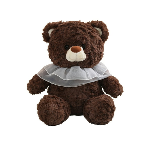 Plush Bear Toy, Soft Stuffed Animal, 14 Inch Coffee Color Plush Doll with Lace Neck Wrap, Hand Washable, Lightweight and Comfortable Gift for Sleep and Decoration