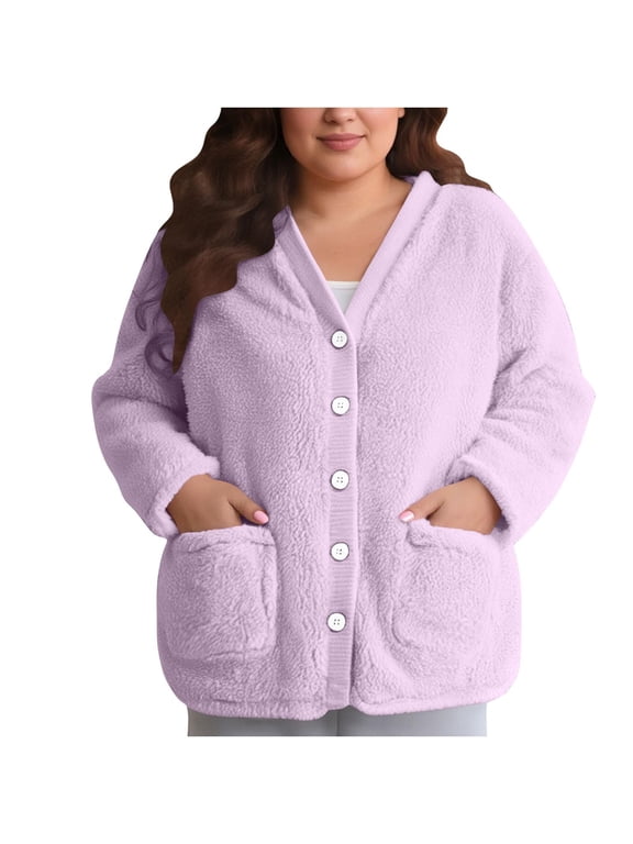 Plush Bed Jackets for Elderly Women Soft Comfy Fuzzy Fleece Pajama Tops Cozy Warm Button Up Sleepwear Long Sleeve Loose Winter Coats with Pockets Daily Home Sleepwear Clothes