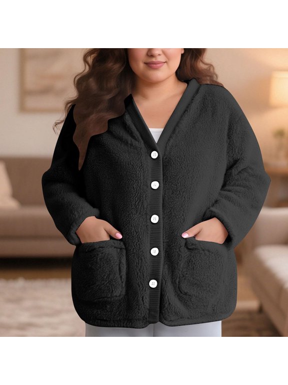 Plush Bed Jackets for Elderly Women Soft Comfy Fuzzy Fleece Pajama Tops Warm Button Up Sleepwear Long Sleeve Winter Coats with Pockets Daily Sleepwear Clothes
