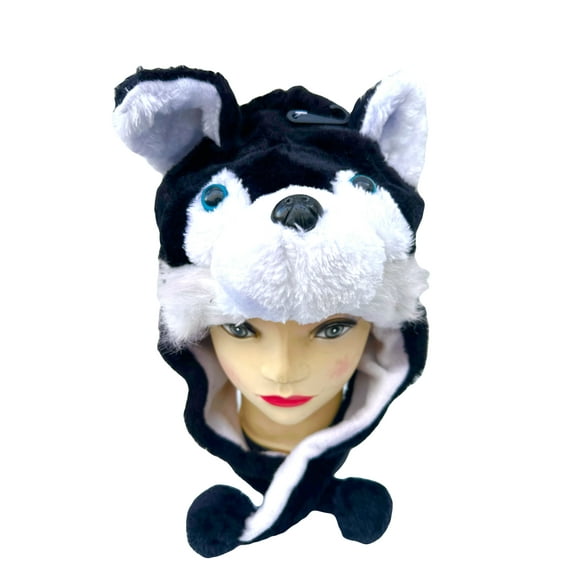 Plush Black Husky Animal Hat - Husky Hat with Ear Flaps and Poms