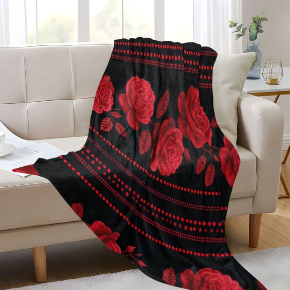 Plush Blankets Soft Glowing Throw Soft Cozy Blankets For Couch Bed Travel Office Camping Rose Motifs in Red