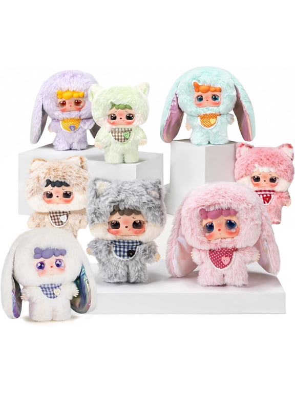 Plush Blind Box, Kawaii Cute Cat & Bunny Stuffed Animal Plush Doll, Plush Keychain Blind Box Figure Toy, Random 1 of 9 Styles, Birthday Gift for Teen Girls & Adults (Single Box)