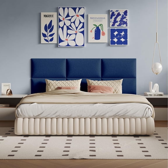 Plush Blue Cushioned Linen Headboard 24x12 Inch 9-Panel Set - Wall-Mounted Protection for Queen Beds, High-Density Foam Core
