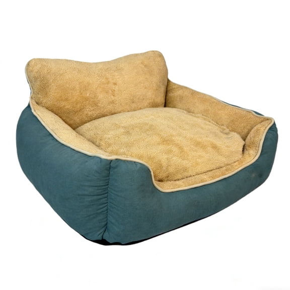 Plush Bolster Dog Bed - Small to Medium, Teal and Beige, Removable Cover