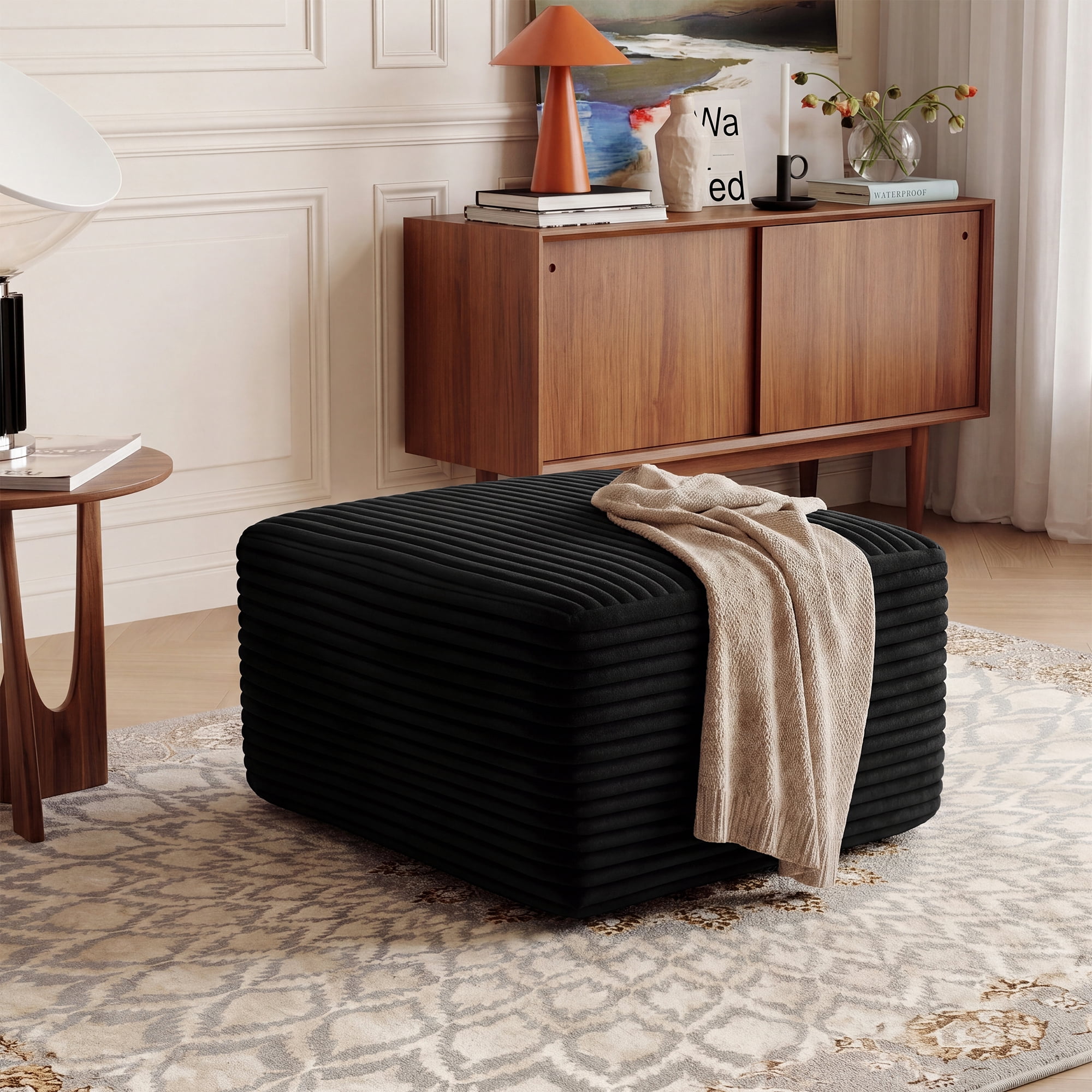 Plush Boneless Ottoman,Upholstered Cloud Couches Footrest Ottoman for Boneless Couch for Living Room, Black