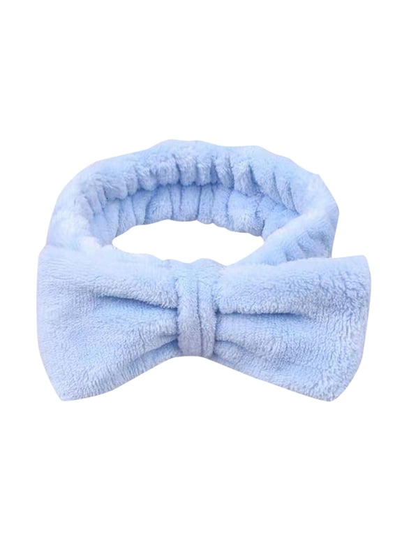 Plush Bow Headbands for Women - Wide Spa Facial Soft Elastic Hair Band for Washing Face Skincare Makeup Bath Daily Use Blue