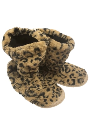 Plush Brown & Black Leopard Print Bootie Style Slippers XL (11)