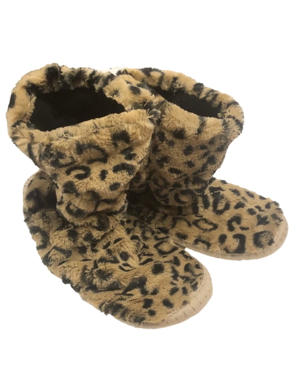 Plush Brown & Black Leopard Print Bootie Style Slippers XL (11)