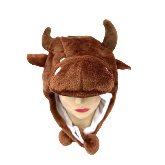 Plush Bull Animal Hat - Bull Plush Hat with Ear Flaps and Poms