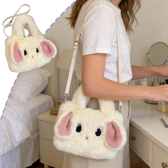 Plush Bunny Crossbody Bag 10 Inch, Faux Fur Tote Shoulder Handbag, 3 Way Versatile Carrying Options, Spacious Daily Essentials Storage, Cute Autumn Winter Fashion Gift Pink Beige