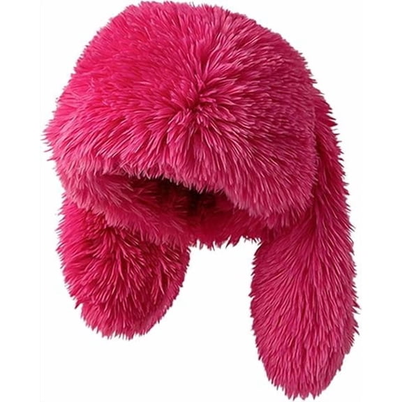 Plush Bunny Ears Beanie Hat, Furry Fluffy Slouchy Winter Beanie for Indoor and Outdoor Wear(RL Rose Red 1 PC)