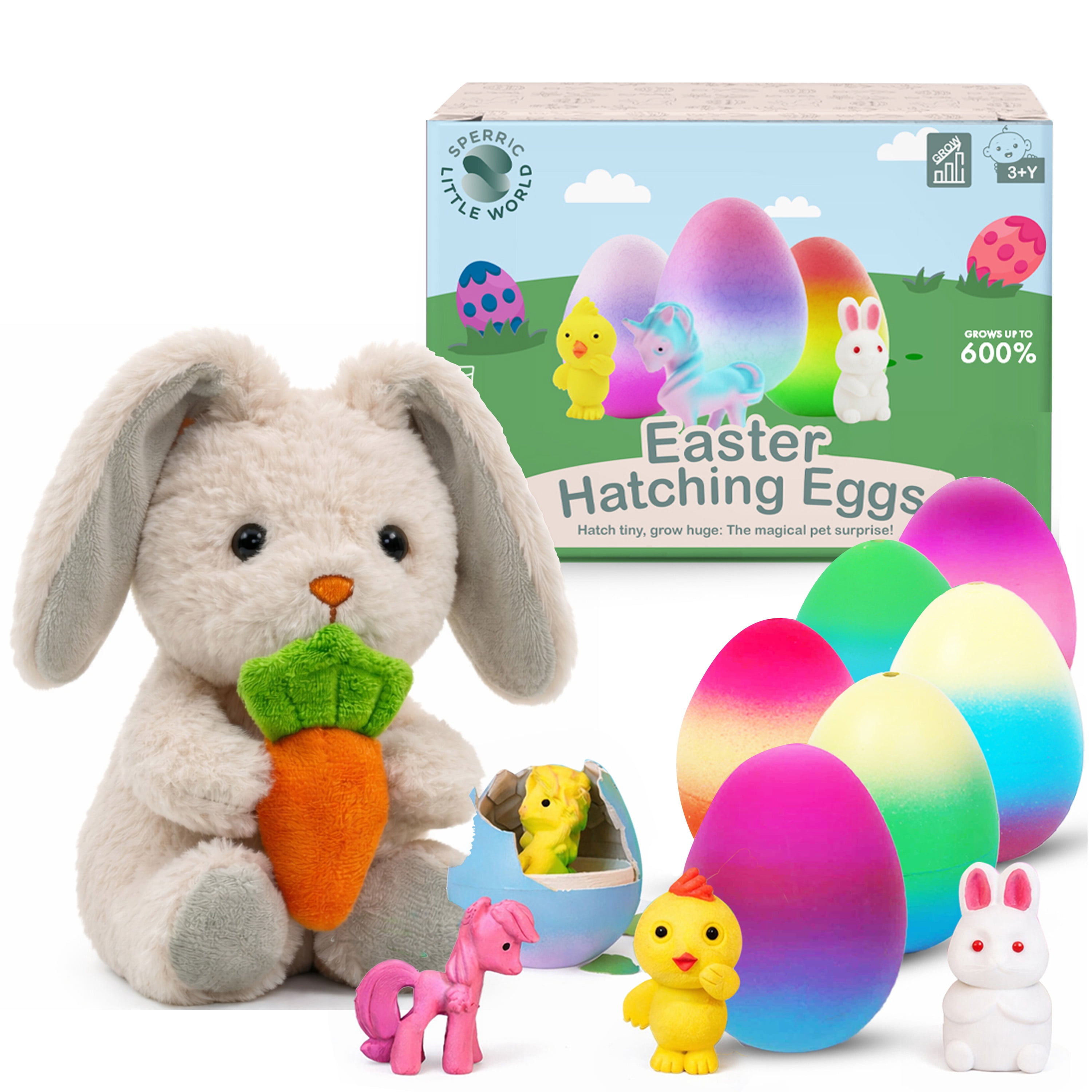 Easter Basket Stuffer Toys Set, Cuddly Easter Plush Bunny Holding Carrot with 6pc Water-Activated Surprise Unicorn Hatching Eggs, Easter Gift for Kids