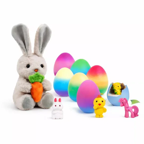 Plush Bunny Holding Carrot & Unicorn Hatching Eggs