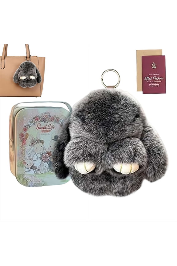 Plush Bunny Keychain with Box & Greeting Card, Soft Faux Plush Rabbit Keyring for Bag Purse Keys, Cute Easter Basket Stuffer Gift for Women Girls Mother's Day Gift