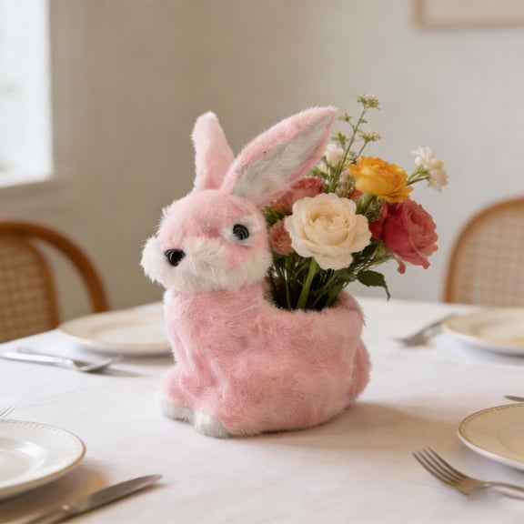 Plush Bunny Storage Ornament, Cute Easter Rabbit Figurine Vase for Flower Desktop Home Party Decor Organizer