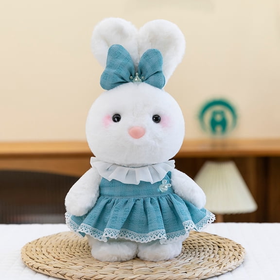 Plush Bunny Stuffed Animal Toy, Soft White Rabbit Doll With Blue Bow & Dress, Cuddly Plush Toy For Tees/S, Cute Decorative Plushie For Bedroom, Collectible Stuffed Toy Gift