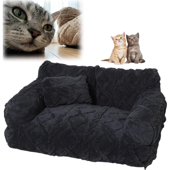 Plush Calming Pet Sofa Bed, 6 Sizes Dog Cat Pet Bed Couch Beds for Small Medium Large Dogs Cats, Removable and Washable, Fluffy Pet Sofa Couch Non-Slip Bottom Suitable for All Seasons (black, S)