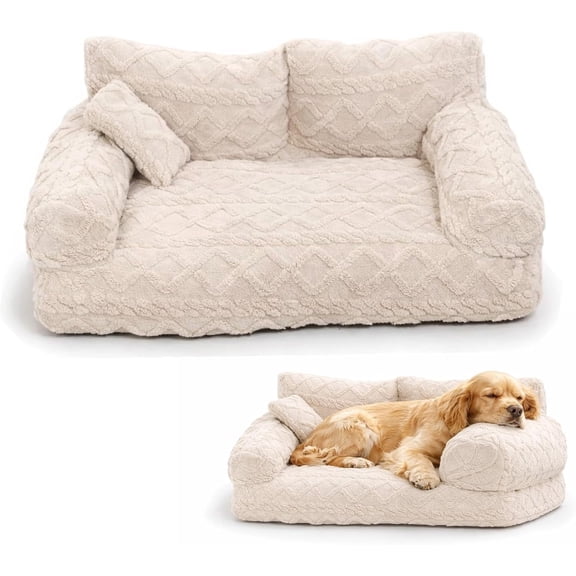 Plush Calming Pet Sofa Bed, 6 Sizes Large Fluffy Dog Cat Couch Beds Plush for Indoor, Raised Rim, Removable Cover & Non-Slip Bottom for Cats and Dogs