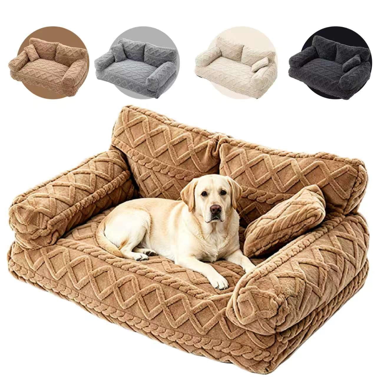 Plush Calming Pet Sofa Bed – Large Dog & Cat Couch Bed with Removable Cover, Furniture Protector Mat for Couch & Car, Soft Cozy Pet Bed