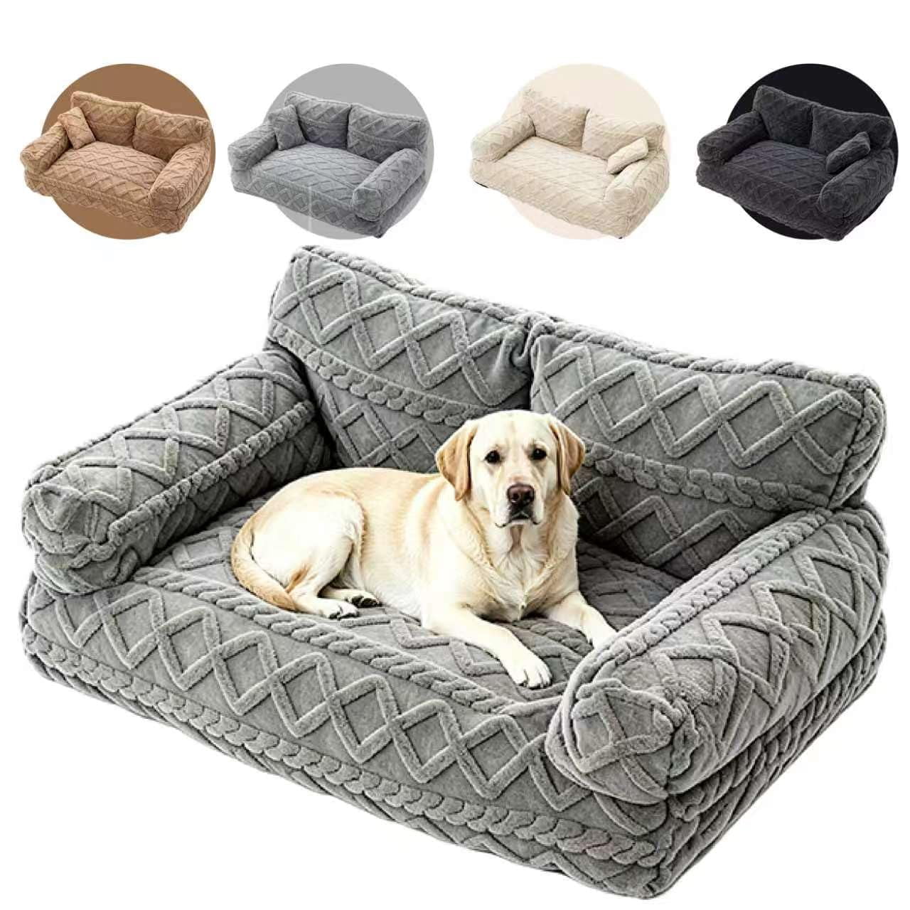 Plush Calming Pet Sofa Bed – Large Dog & Cat Couch Bed with Removable Cover, Furniture Protector Mat for Couch & Car, Soft Cozy Pet Bed