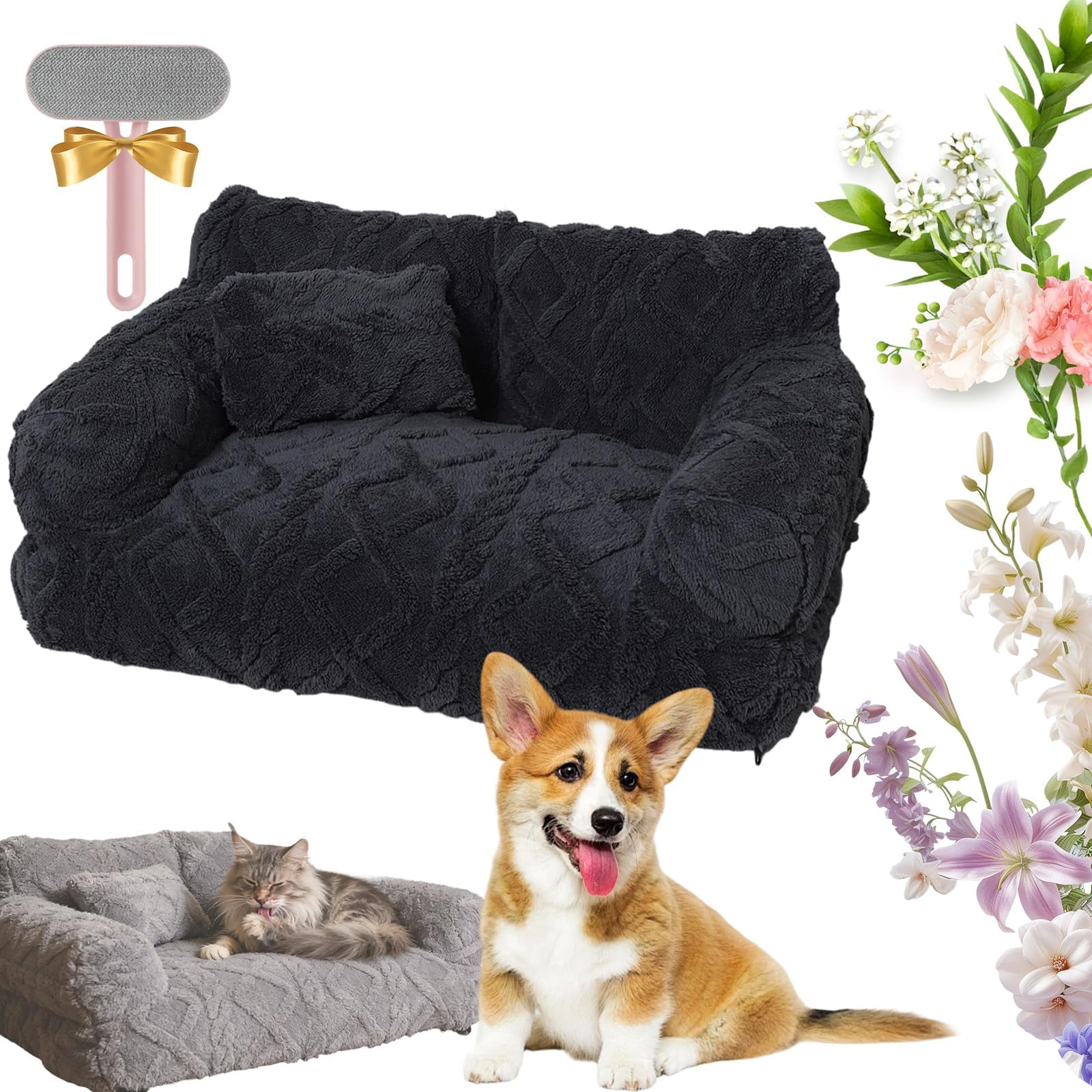 Plush Calming Pet Sofa Bed, Plush Calming Pet Sofa Bed with Removable Cover, Washable Orthopedic Dog Bed with Edge, Increases Deep Sleep