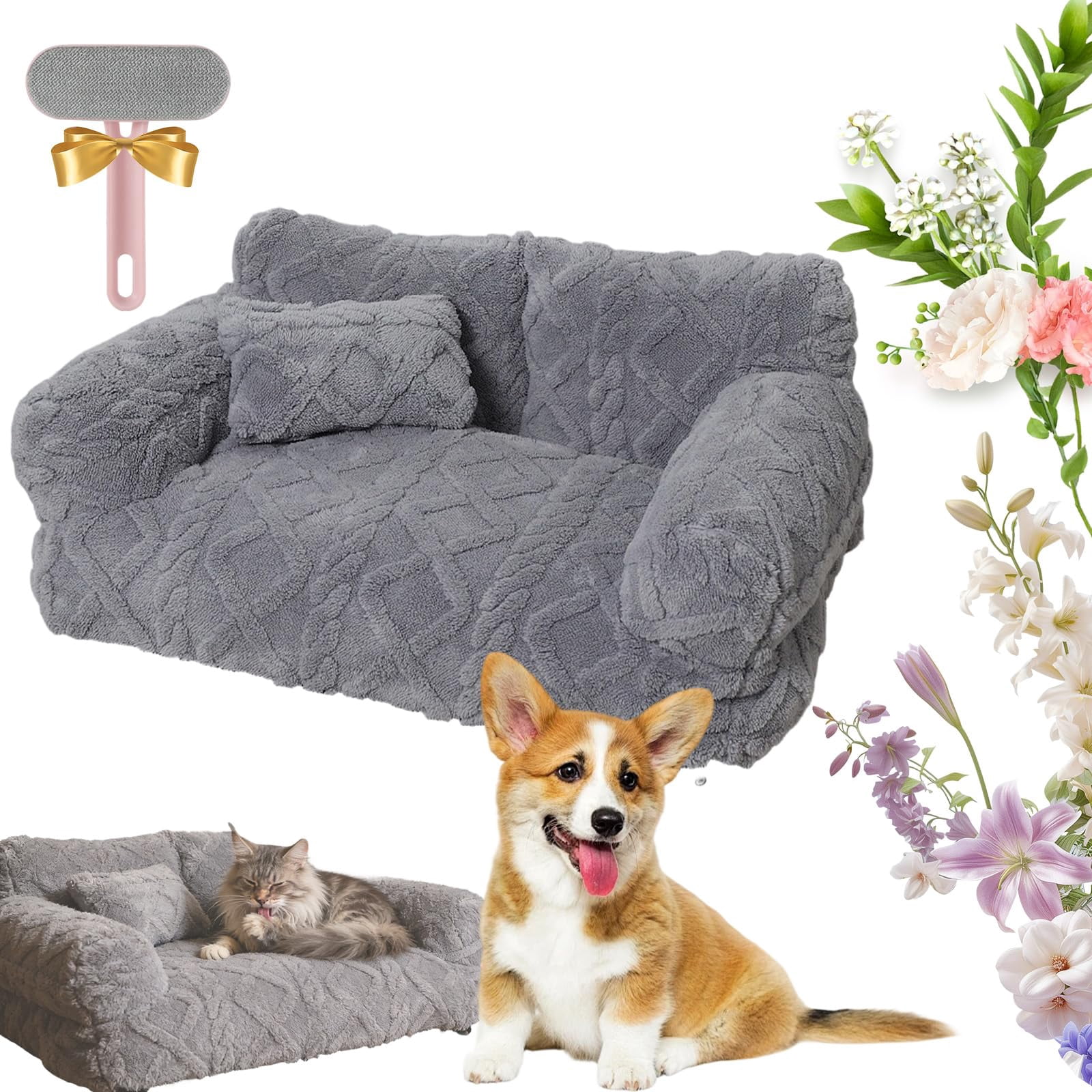 Plush Calming Pet Sofa Bed, Plush Calming Pet Sofa Bed with Removable Cover, Washable Orthopedic Dog Bed with Edge, Increases Deep Sleep