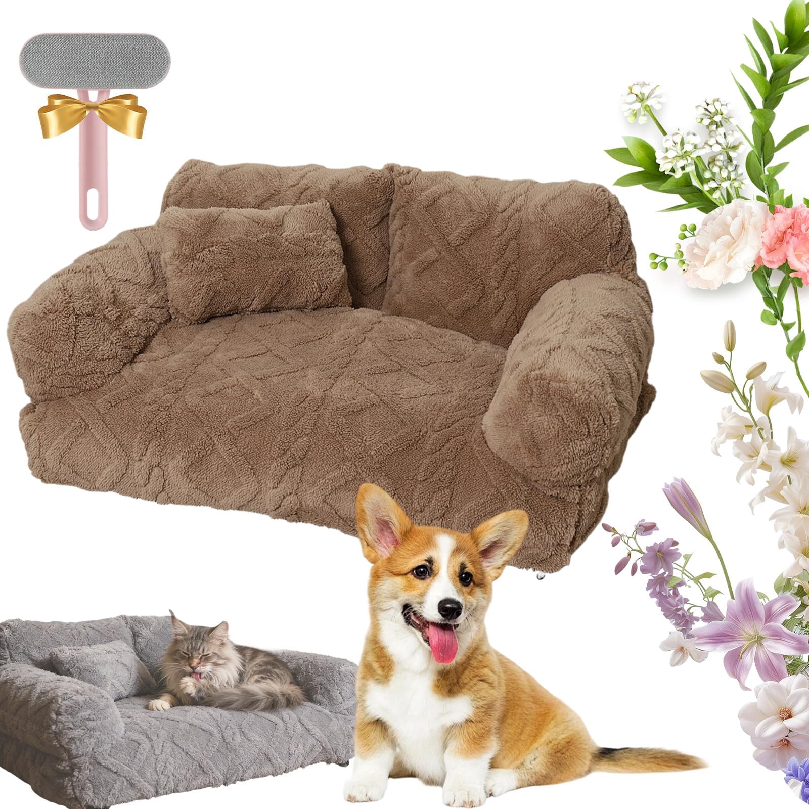 Plush Calming Pet Sofa Bed, Plush Calming Pet Sofa Bed with Removable Cover, Washable Orthopedic Dog Bed with Edge, Increases Deep Sleep