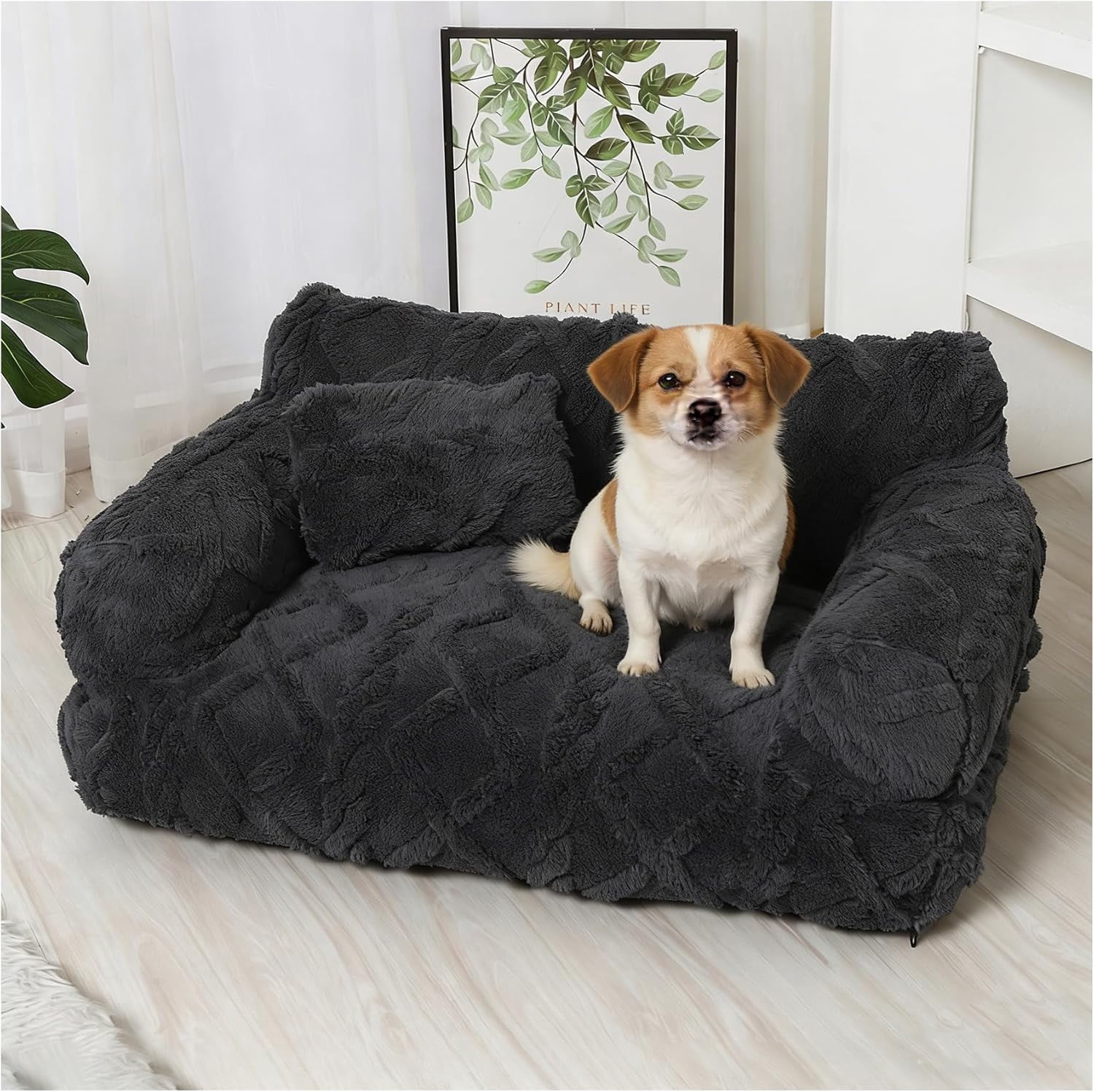 Plush Calming Pet Sofa Bed, Raised Rim, Removable Cover & Non-Slip Bottom for Cats & Dogs, Calming Dog Bed Fluffy Plush Dog Mat for Furniture Protector with Removable Washable Cover (Black, Small)