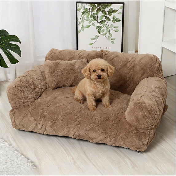 Plush Calming Pet Sofa Bed, Raised Rim, Removable Cover & Non-Slip Bottom for Cats & Dogs, Calming Dog Bed Fluffy Plush Dog Mat for Furniture Protector with Removable Washable Cover (D, M)